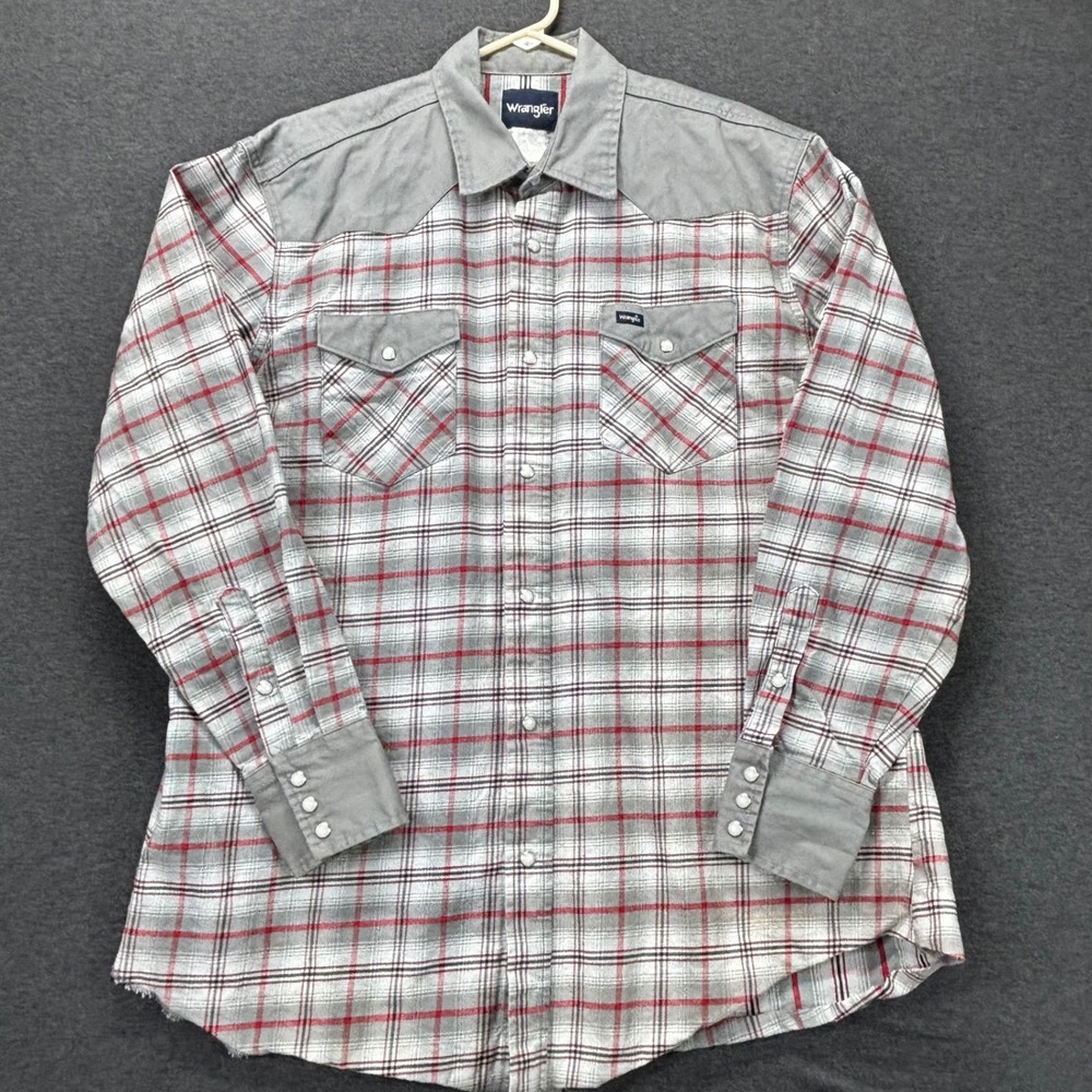 Wrangler Western Shirt Mens XL Gray Red Plaid‎ Snap Front Chest Pockets Classic